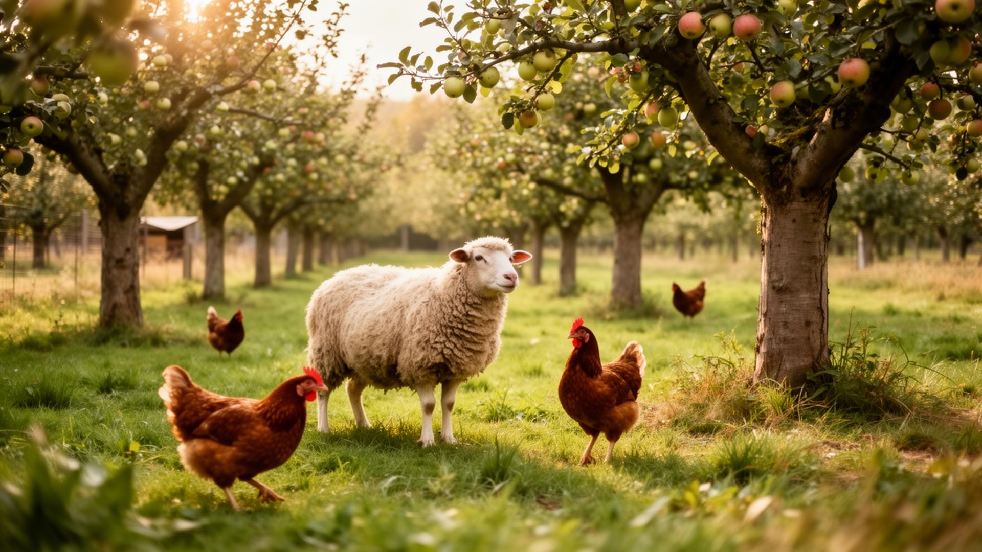 Schapen en kippen tussen de fruitbomen